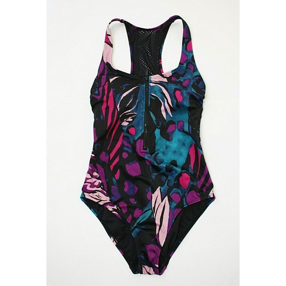 NWOT ALL IN MOTION 1 PC Swimsuit Sz S Racerback Front Zipper Mesh Beach Pool #02